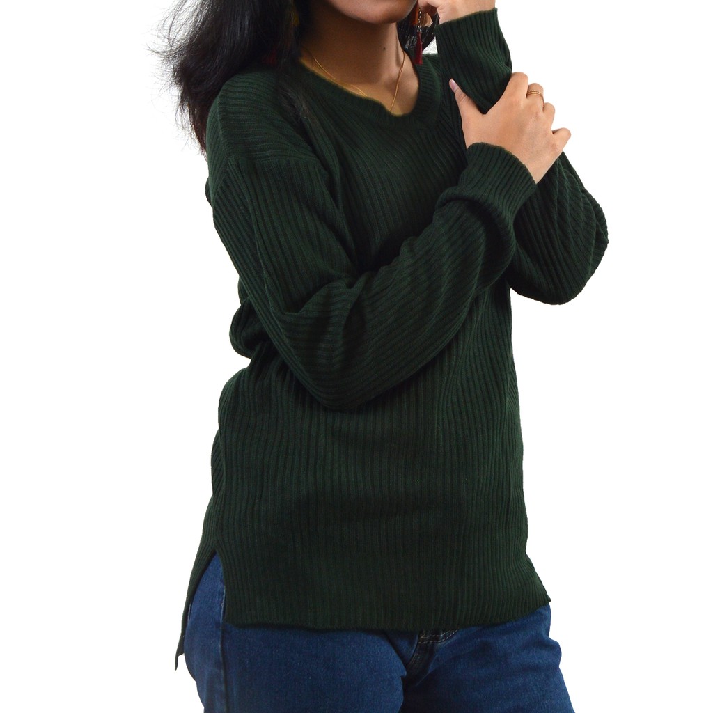 VIONA - QIYA SWEATER - VNECK BOXY RAJUT SWEATER-ARMY