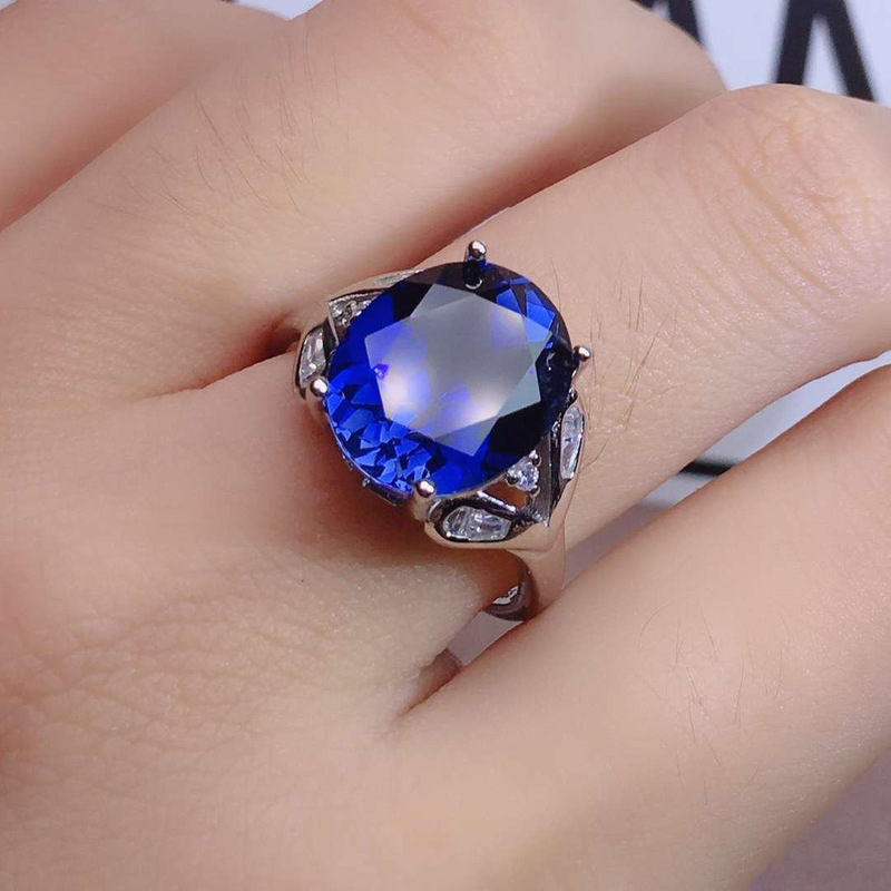 Cincin Pasangan Berlian Baja Titanium Safir Perak Pria Wanita Fashion Pernikahan Kristal Biru Couple Rings