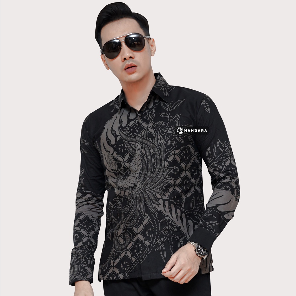 Baju Kemeja Batik Pria Lengan Panjang Slim Fit Premium Modern Full Furing Katun Halus Original Handara Motif Peksi Ulir Hitam HB-133