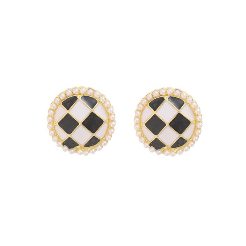 Anting Giwang Sterling Silver 925 Model Papan Catur Warna Hitam / Putih Dengan Mutiara Untuk Wanita