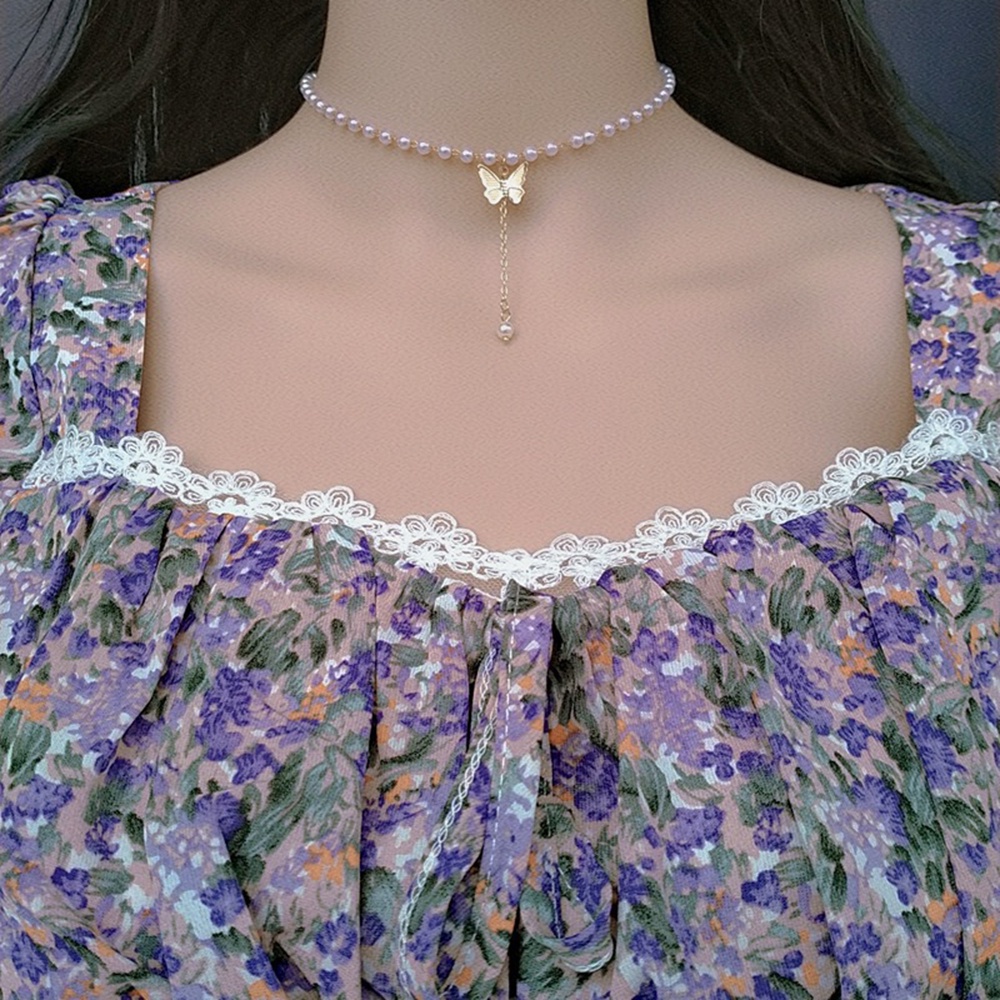 【COD Tangding】Retro Butterfly Pearl Necklace INS Gentle Girl Pearl Pendant Collarbone Chain Choker