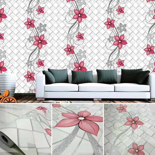 Wallpaper Dinding Stiker Motif Bunga Pink Merah Kotak Ukuran 45 cm x 10 m