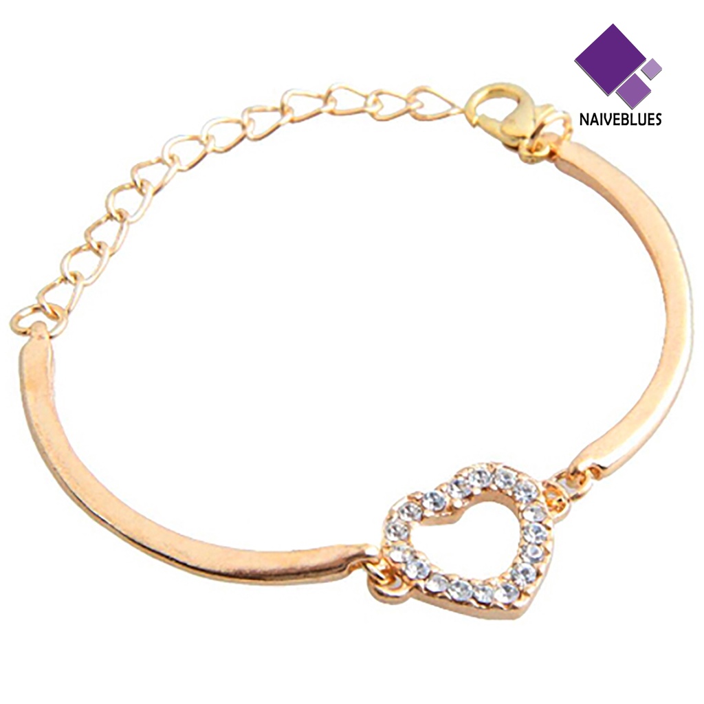 Naiveblue &gt; Gelang Tangan Rantai Adjustable Motif Hati Aksen Kristal + Berlian Imitasi Untuk Wanita