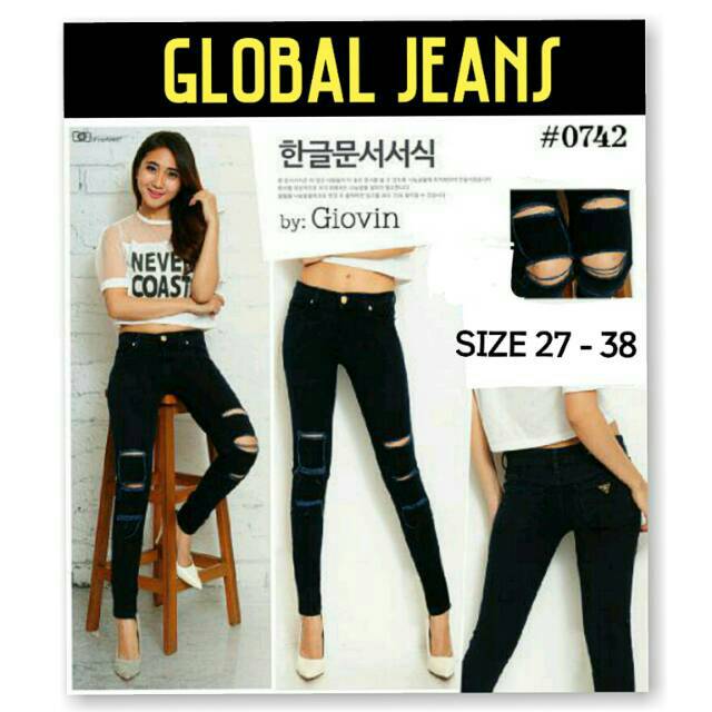 Celana Jeans Sobek Wanita 0742 / Ripped Jeans Hitam Wanita