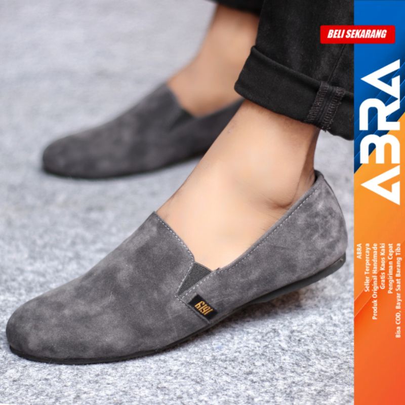 Sepatu Slip On Pria Casual Formal Kulit Suede Kerja Santai Hitam Polos Cord ABRA