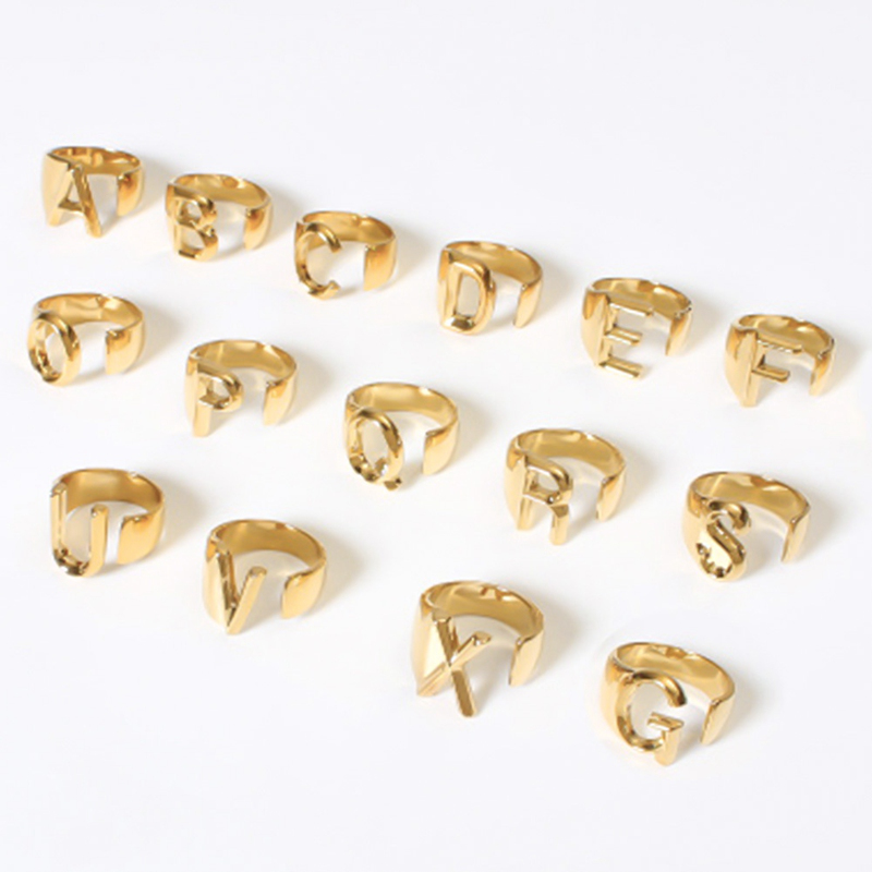 A-T Hollow A Z Letter Gold Color Metal Adjustable Opening Ring Initials Name Alphabet Party Jewelry