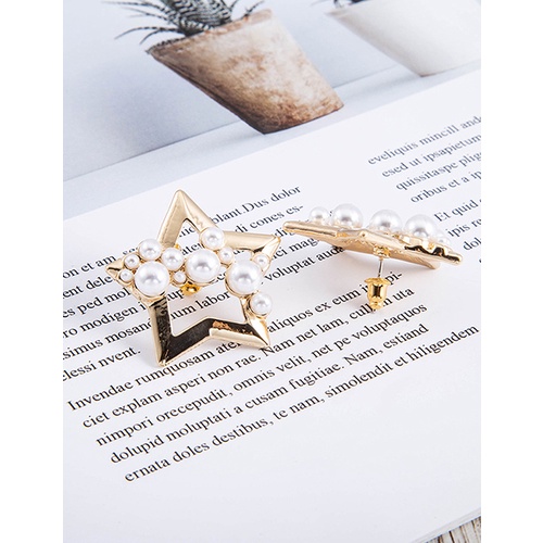 LRC Anting Tusuk Fashion Golden Pentagram Pearl Alloy Hollow Earrings K81568