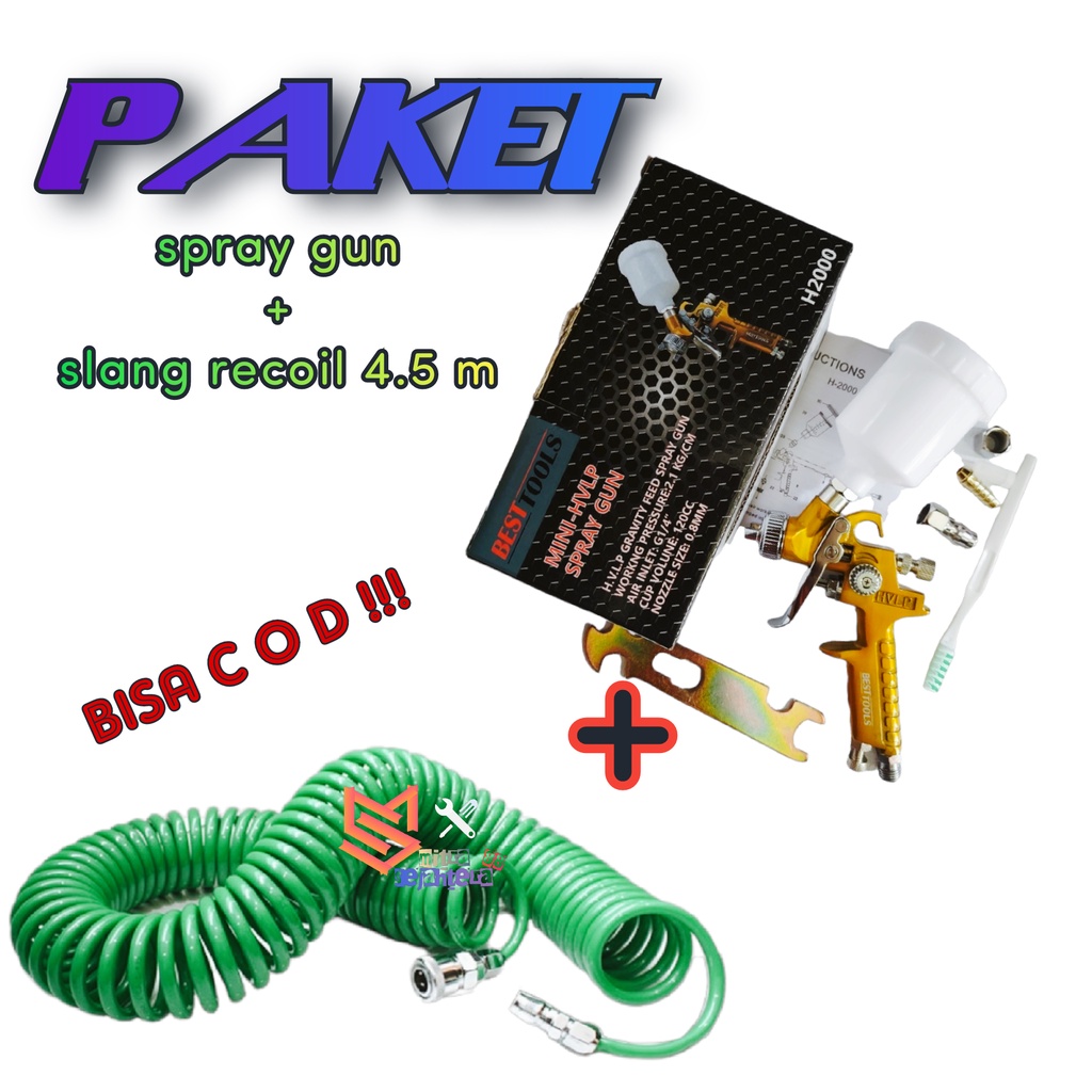 Slang Kompresor / Recoil Hose HIJAU  dengan Spray Gun F75G TABUNG ATAS  //  alat semprot cat tabung