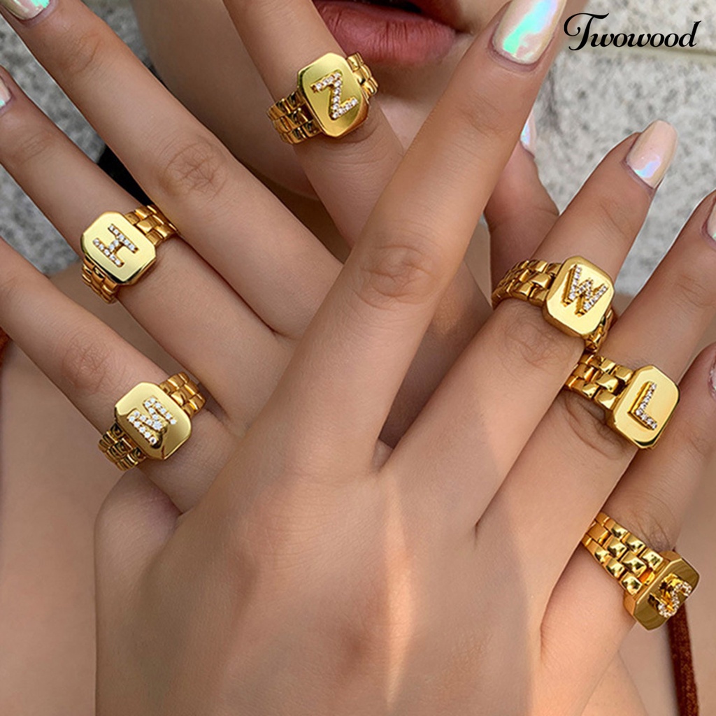 Cincin Model Terbuka Adjustable Desain 26 Huruf Aksen Berlian Imitasi Untuk Unisex