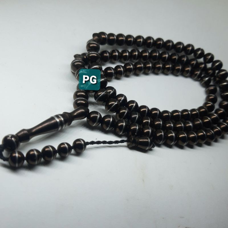 Tasbih Kaoka Hitam Hias Logam Putih Asli 100butir 8mm