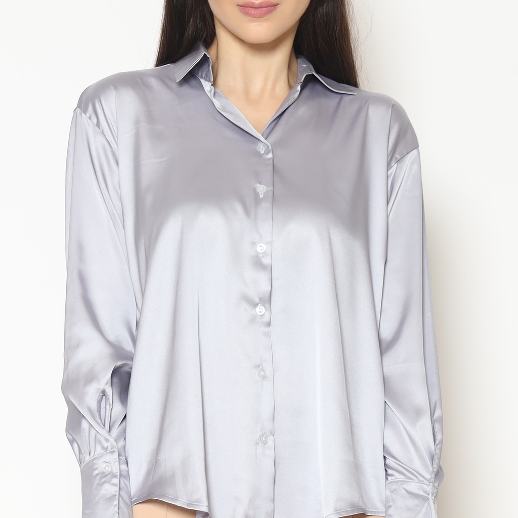 Kemeja Blouse Wanita V-Neck Silk Blouse Plain Lengan Panjang Kemeja Blouse Atasan Wanita Korean Style