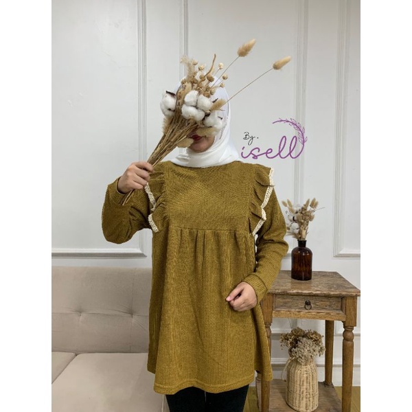 {Sahla} Atasan wanita ruffle renda lengan panjang peplum knit uniqlo