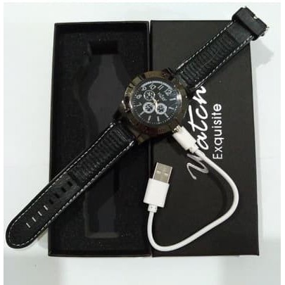 Terbaru!! Jam Tangan Pria Korek Elektrik USB Hadiah Api Rokok Quartz Fashion Pria Warna Hitam