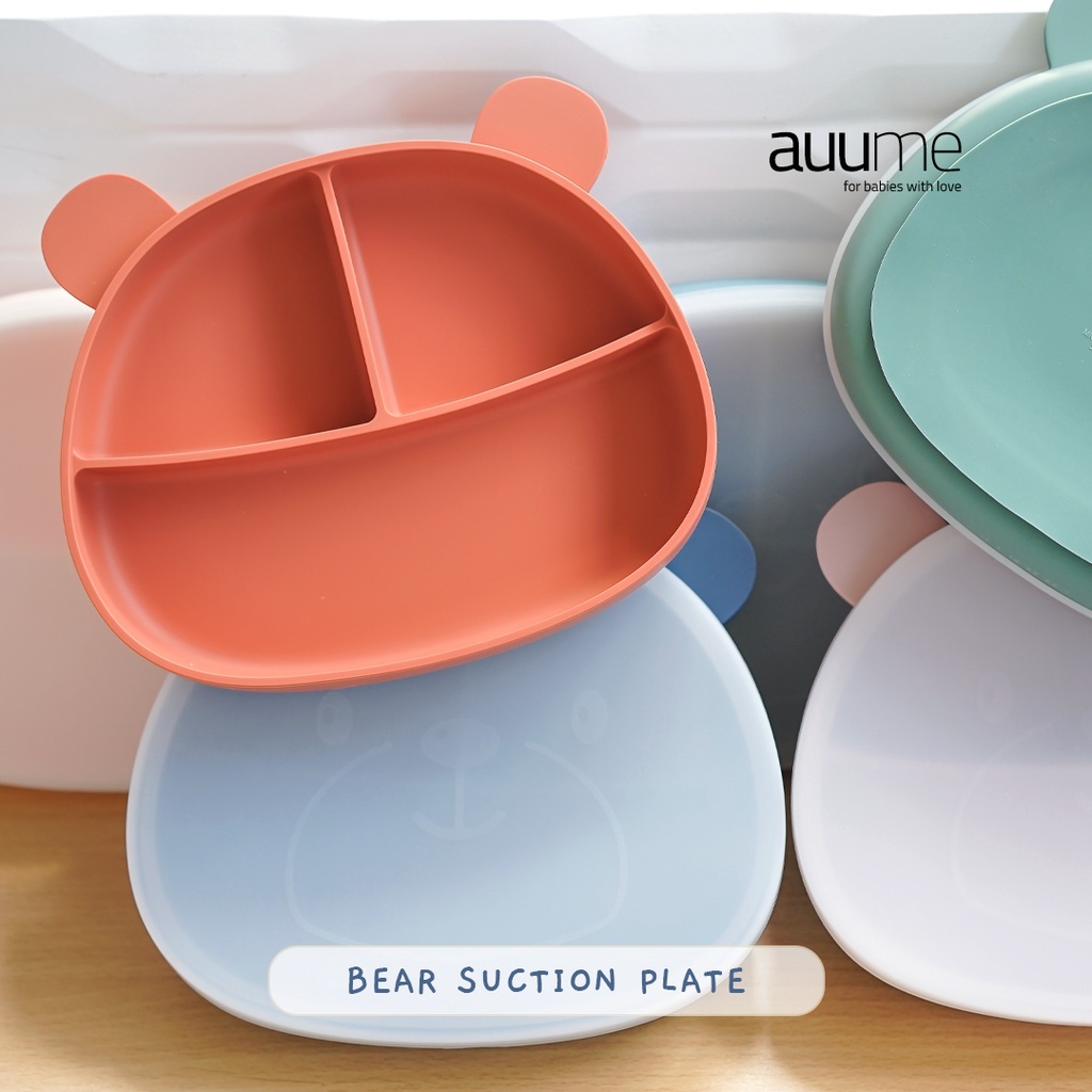 Auume - Premium Bear Silicone Baby Suction Plate with Lid Piring Bayi