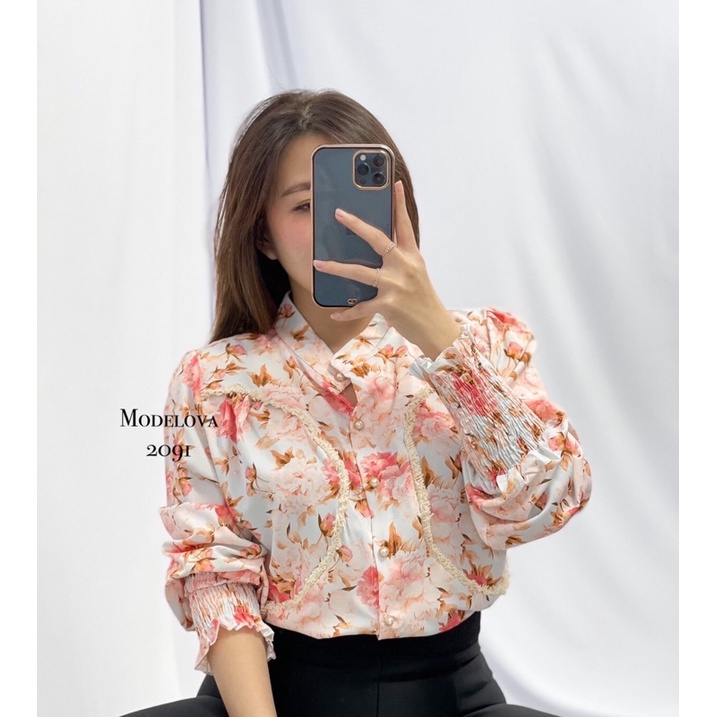 MDLV ~ 2091 MELROSE SMOCKED SLEEVE SHIRT BLOUSE IMPORT WOMEN PREMIUM BLOUSE  ATASAN LENGAN PANJANG FASHION IMPORT WANITA