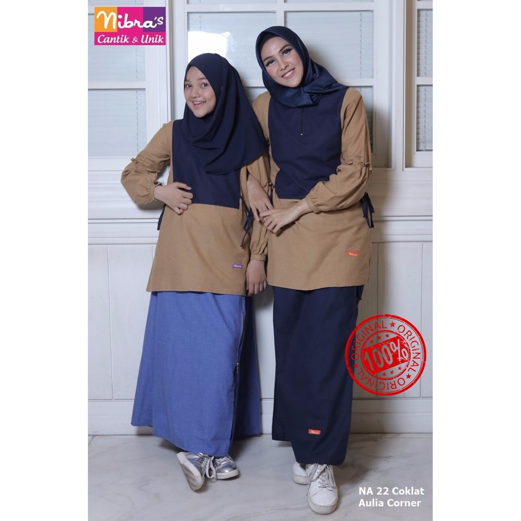 EKSLUSIF MURAH Baju Atasan Wanita Nibras NA 22 Navy Mix Coklat Busana Muslim Modern
