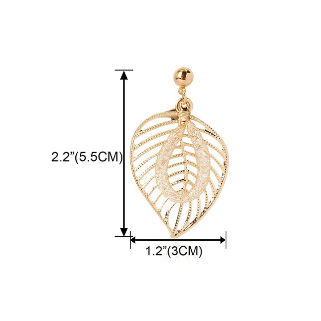 LRC Anting Tusuk Fashion Golden Leaf Hollow Alloy Mesh Crystal Earrings K44450