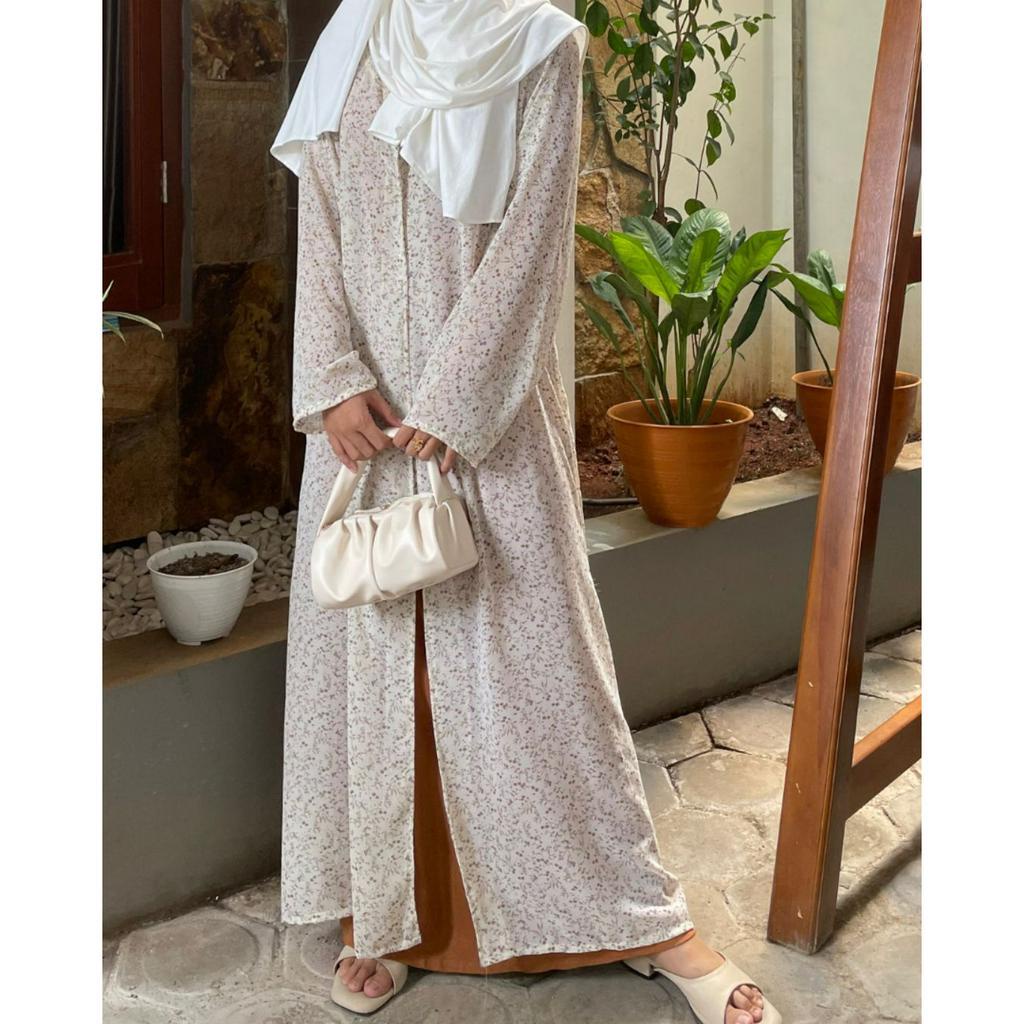 ASLI Soft Beige Poppy Outer - Gamis Outer 90's Style Vintage Sifon Badoll Bunga Premium Panjang