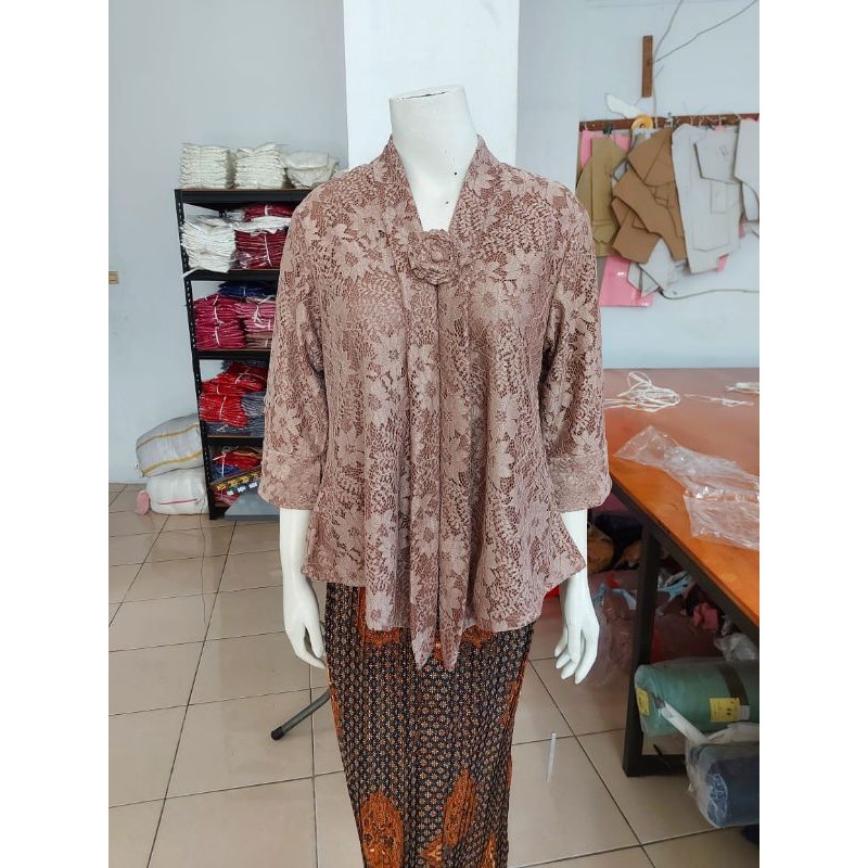 (BrM92/100/110) Kebaya floy BRUKAT glitter 7/8 MANSET std-besar KeroncongBusana-Coklat