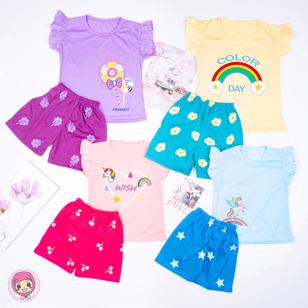 Setelan Anak WONDERFUL 1-4 Tahun Print Ruffle Karakter Kartun Set Atasan Baju Bawahan Celana Kaos Spandex Bayi Baby Newborn Cewek Cewe Perempuan Balita Batita Unicorn Warna Stelan Karakter Umur Usia Tahun Import Impor Bulan 1 2 3 5 6 7 8 9 10 11 12 18 24