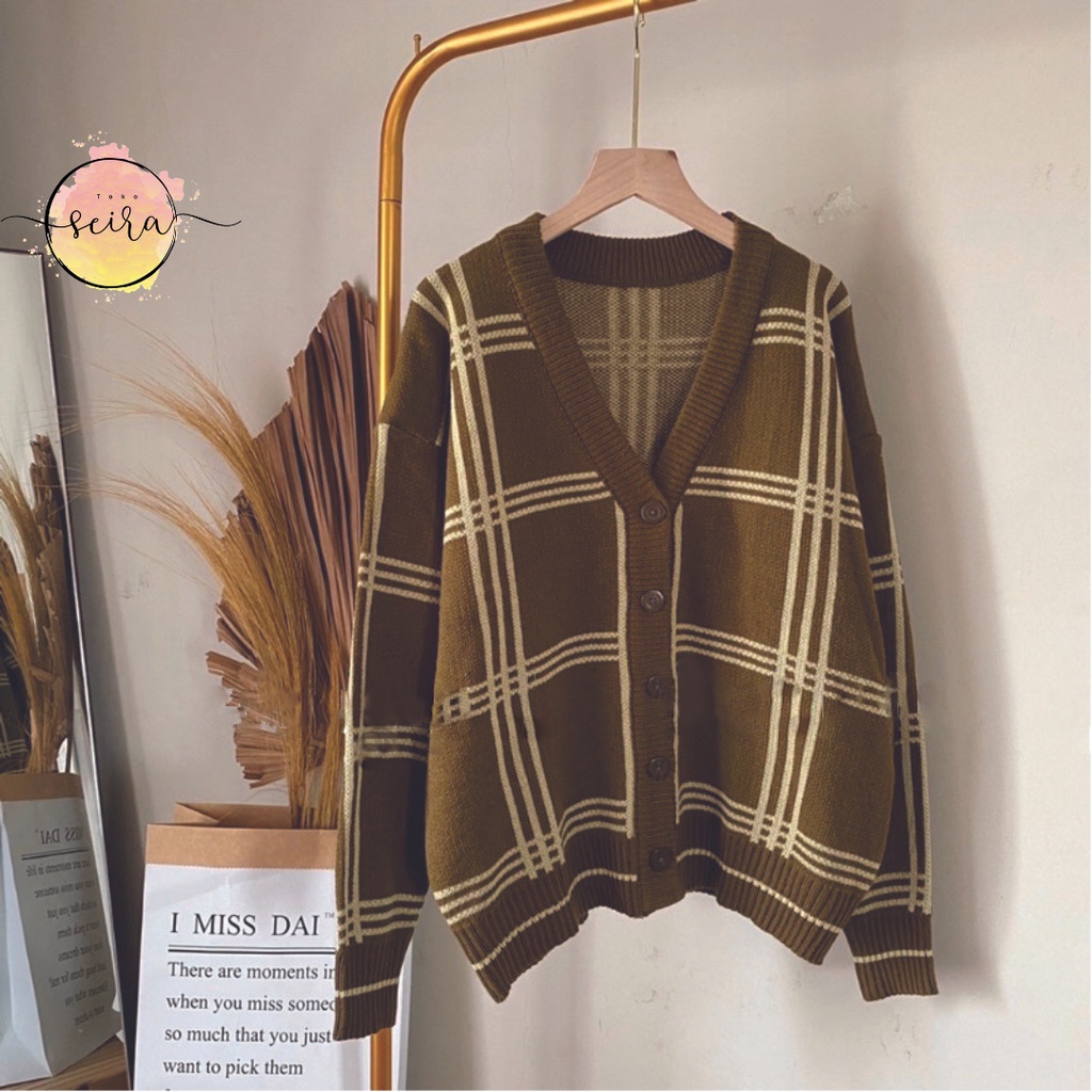 [BISA COD] Cardigan Mingyu Jaehyun Motif Kotak Rajut Premium / Cardigan Wanita / Panjang 70 LD 120