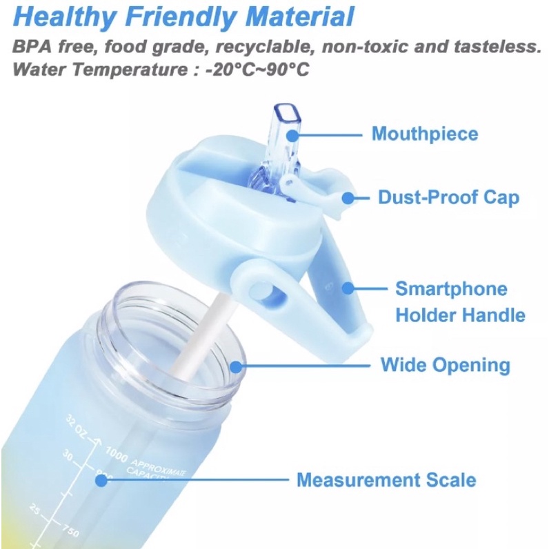 Original QuiFit Bottle Tritan 1L/32oz 2in1 Straw and Smartphone Holder Handle