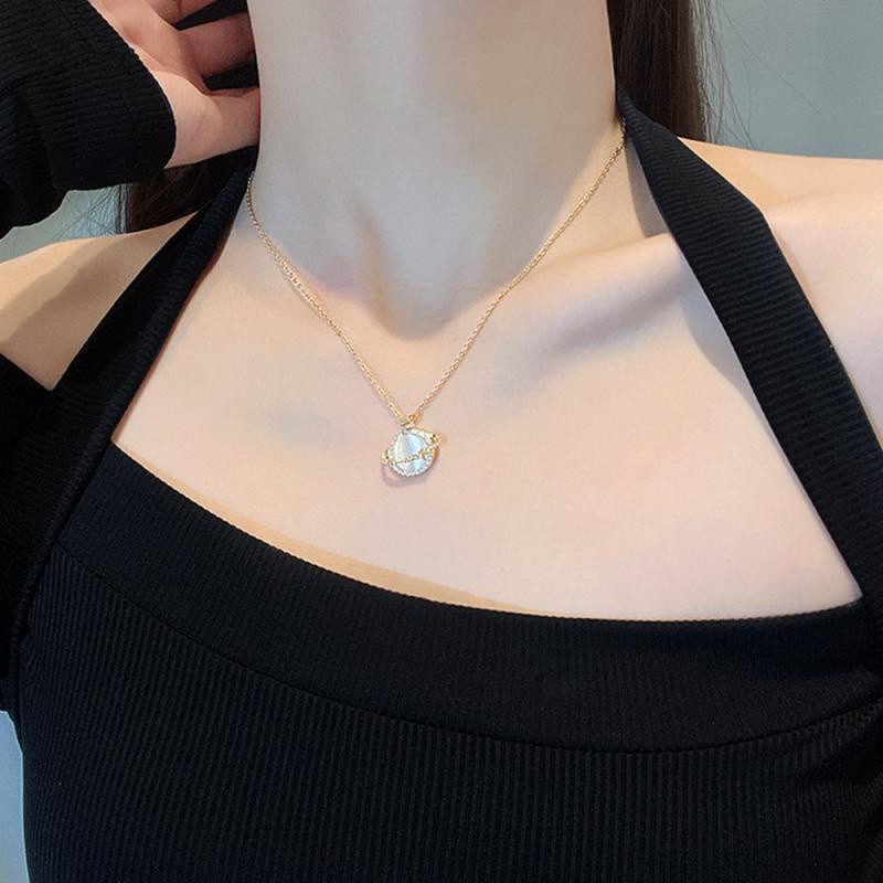 XiaoboACC Kalung Rantai Klavikula Bahan Titanium Steel Lapis Emas 18K Dengan Liontin Planet Opal Ukuran Untuk Wanita - 38CM + 6CM