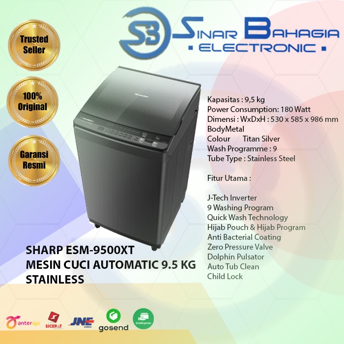 SHARP ESM-9500XT MESIN CUCI AUTOMATIC 9.5 KG STAINLESS (NEW) (KHUSUS BANDUNG)