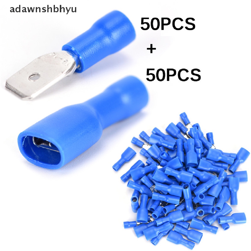 Adawnshbhyu 100x Female &amp; Male Spade Insulated Connector Crimp Terminal Kawat Listrik Biru