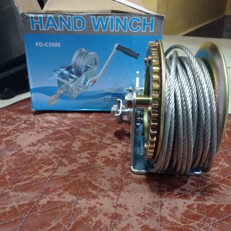 Hand winch katrol manual 3500 lbs kapasitas 1500 kg panjang seling 20 meter merk SAP