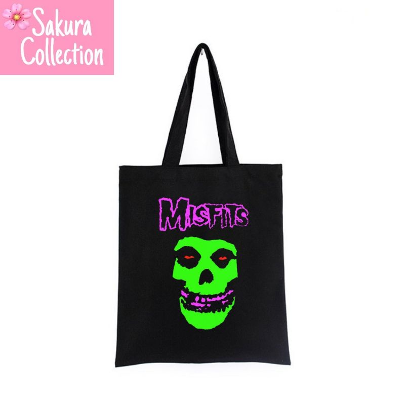 Tote Bag tas BAND MISFITS musik Heavy rock BAND metal tote bag resleting pria wanita tas sekolah / tas ngaji / tas kerja / tas belanja unisex canvas kekinian hitam/black tas jinjing/laptop fashion