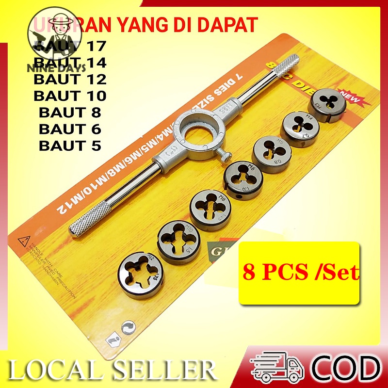 Handtap Hand Tap Senai Drat Derat Set Isi 8 M3 M4 M5 M6 M8 M10 M12/Screw Die dan Pemegang Kunci Pas yang Dapat Disesuaikan dengan Die