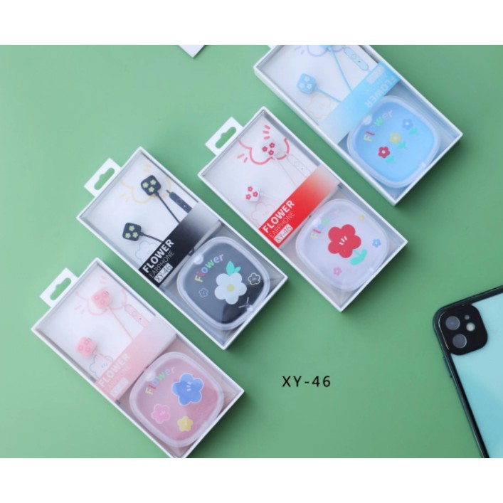 [XY-46] Set Headset Earphone Motif BUNGA-BUNGA Imut / Wadah Earphone Transparan Kotak Kartun Flower