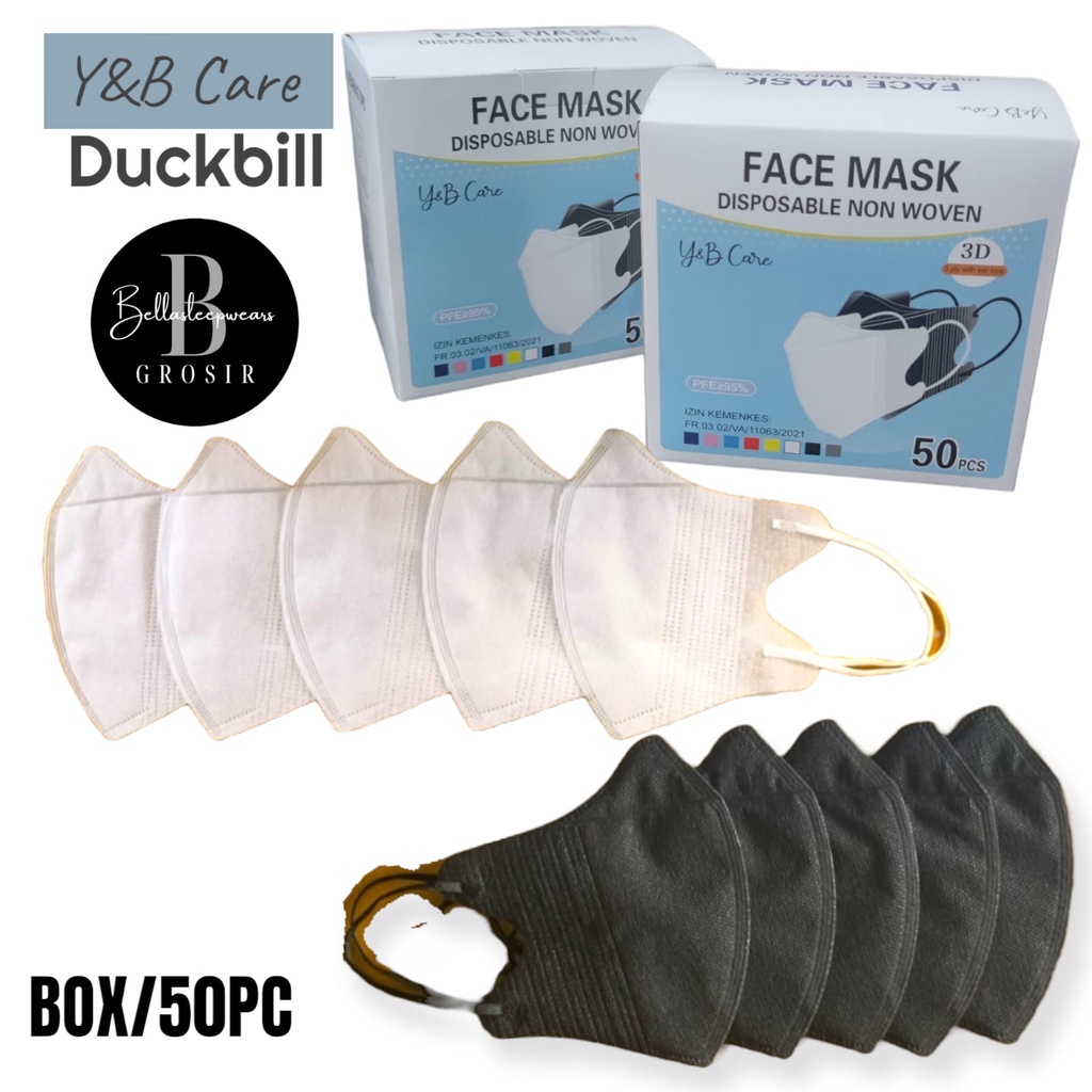 MATCHA HITAM PUTIH DB YB CARE PACK 50 - MASKER DUCKBILL Y&amp;B CARE EARLOOP 3PLY GARIS WARNA