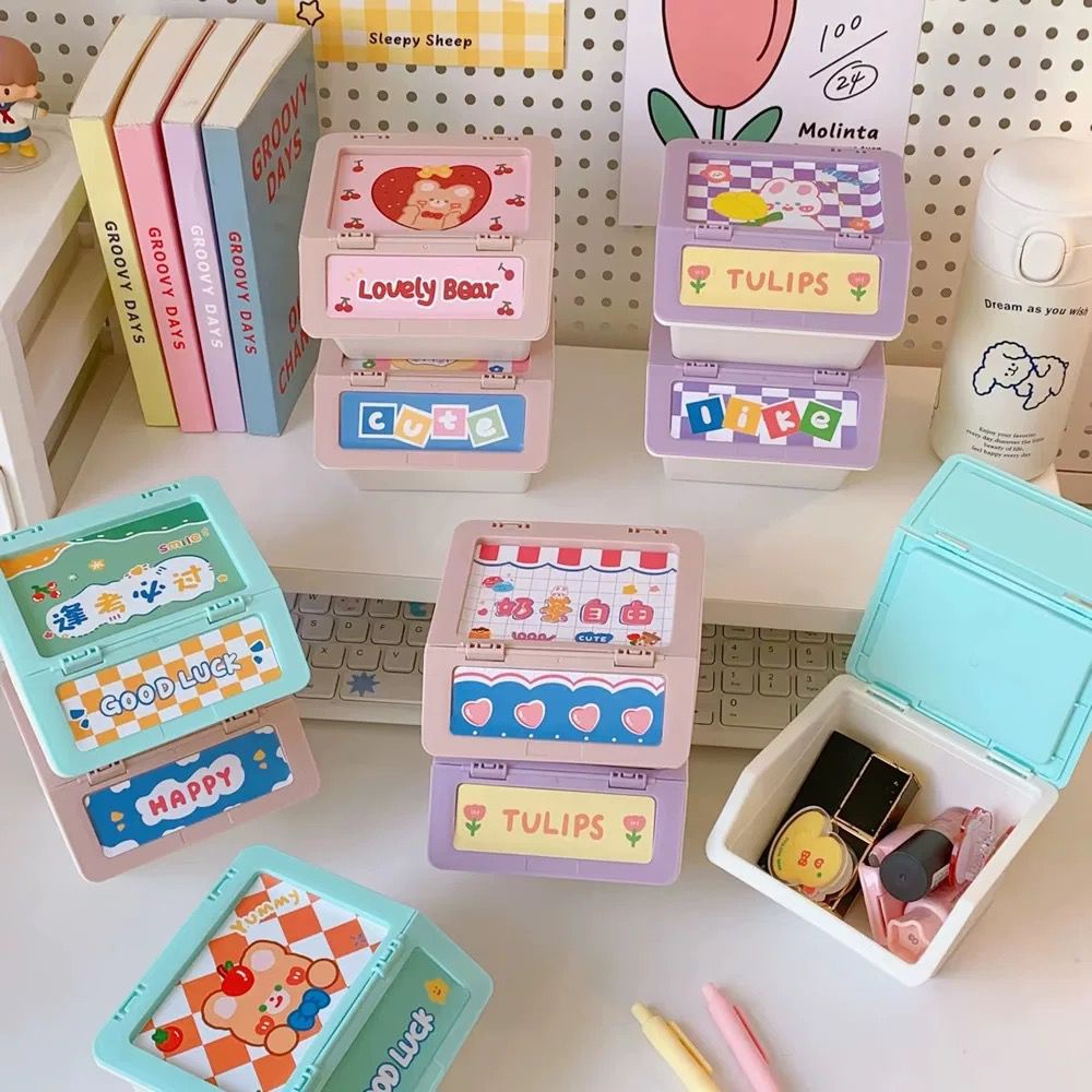 [littlecrab] Tempat Penyimpanan Colorful Box Mini Aesthetic Serbaguna Tape Accessories Dengan Tutup Flip Lipat Stuff Organizer Stackable Stationary Kit