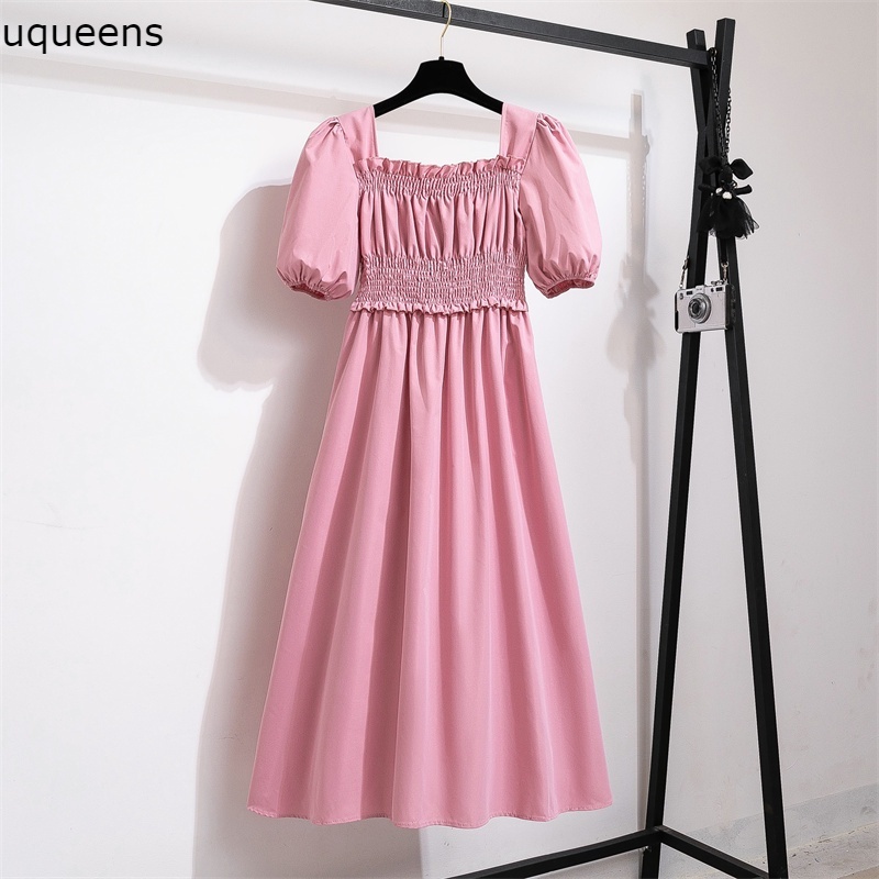 Busana warna solid lengan pendek leher persegi gaun A-line