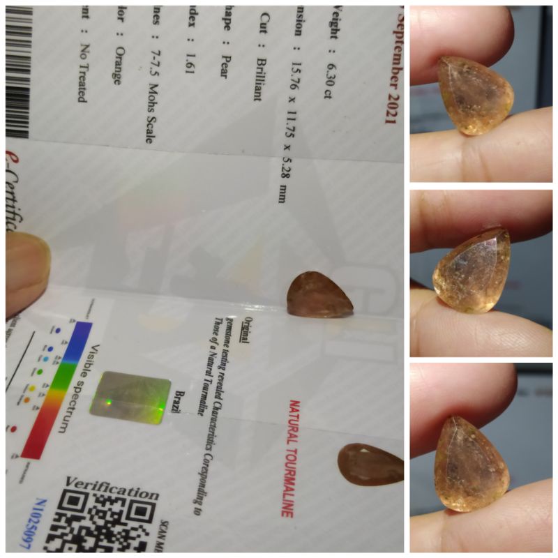 Natural Orange Tourmaline Pear 6,3 ct memo GLI