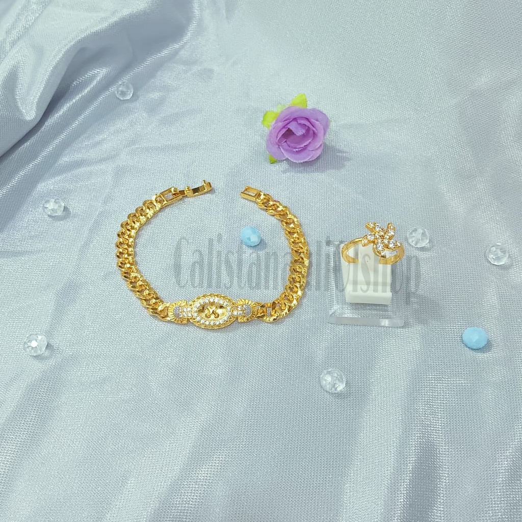SET DEWASA RANTAI KANCING SAMPUL PERMATA TANAM PERHIASAN EMAS  KOREA ANTI KARAT DAN ANTI LUNTUR