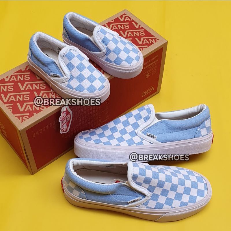 Sepatu vans slip on checkerboard sky blue anak dan dewasa couple