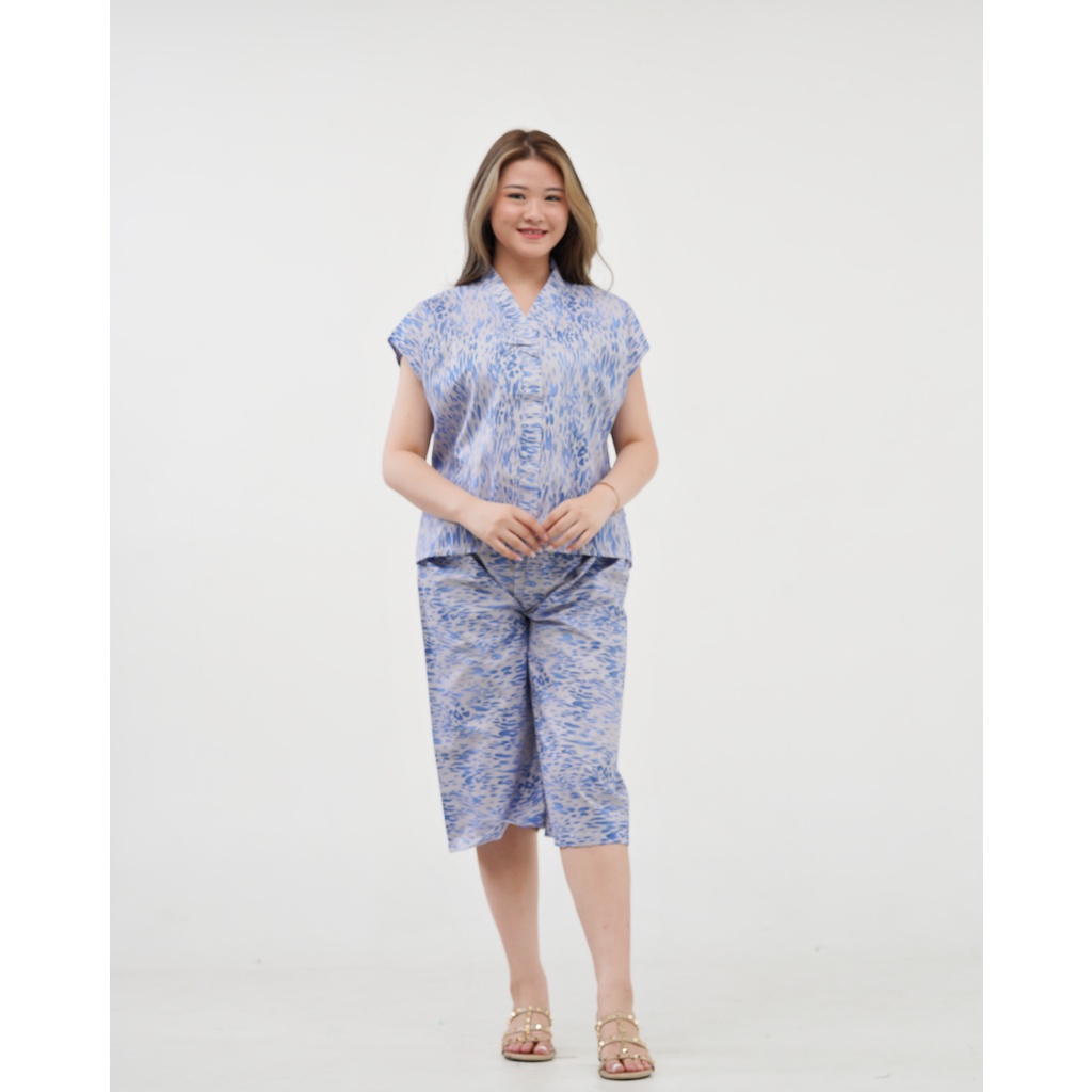 IZANY Piyama Dewasa Kimono Kulot / SET Kimono Kulot V Banyak Motif-TOURLES BLUE