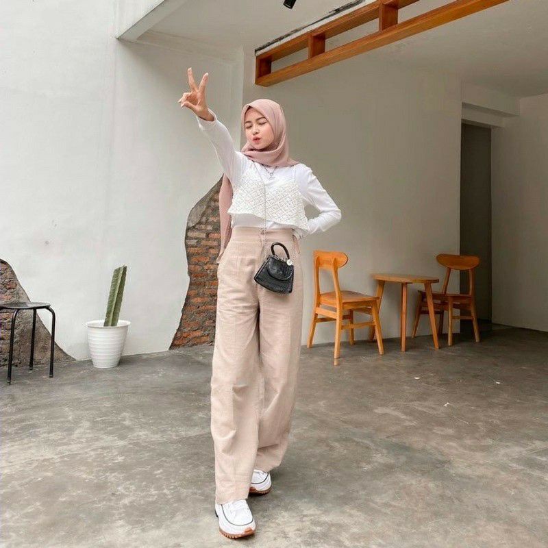 Celana Wanita Highwaist Kulot Rami Linen Premium All Size Kulot Kancing