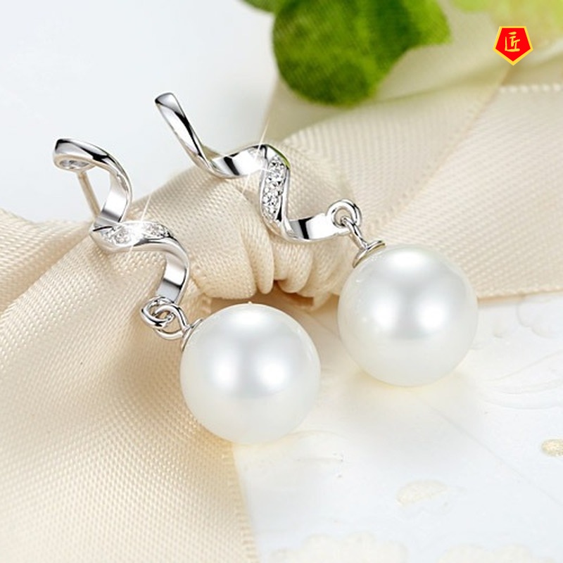 [Ready Stock]Elegant Long Simple Pearl Silver Spiral Earrings Women