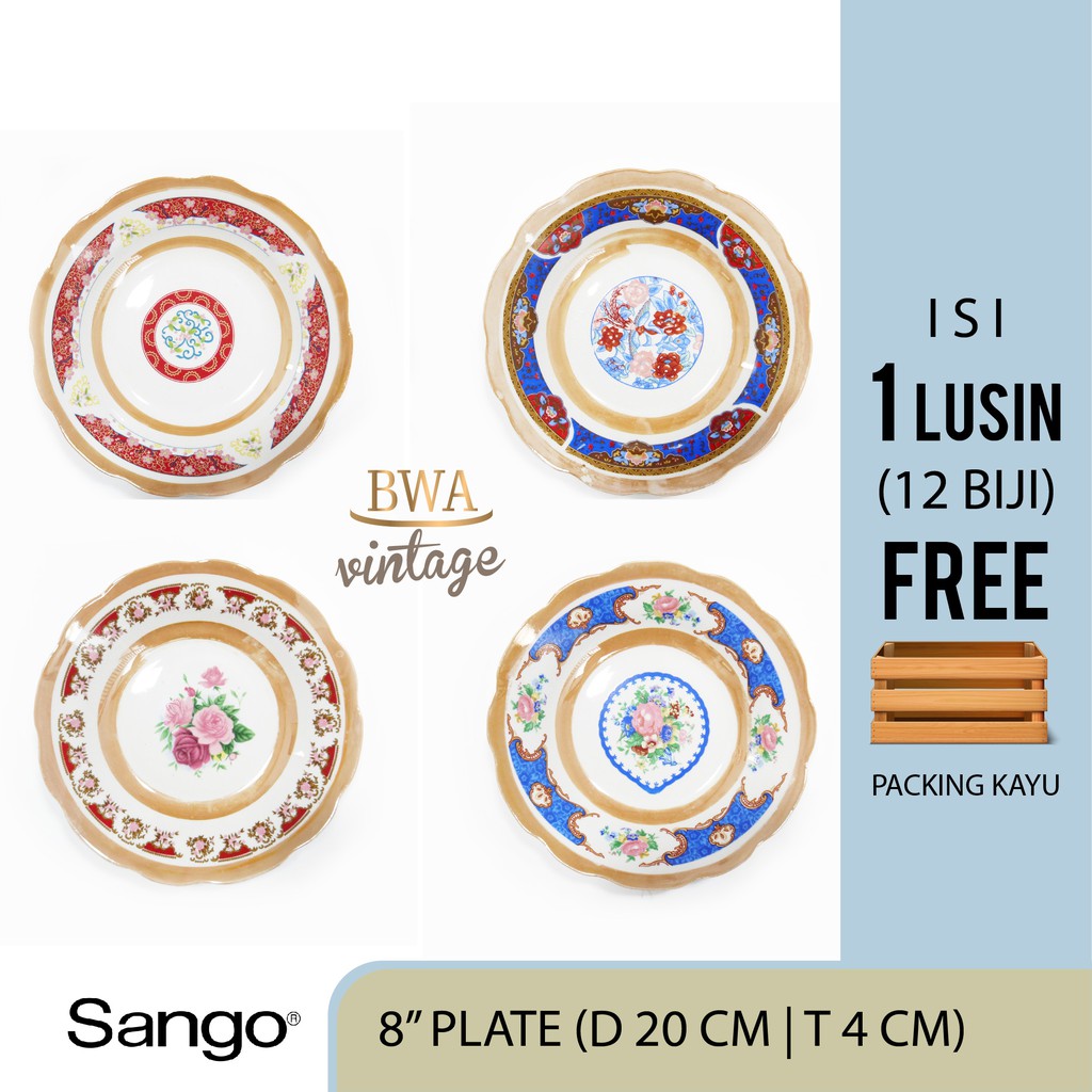 Piring Sango Kembang Laster 8 inch isi 1 lusin FREE PACKING KAYU