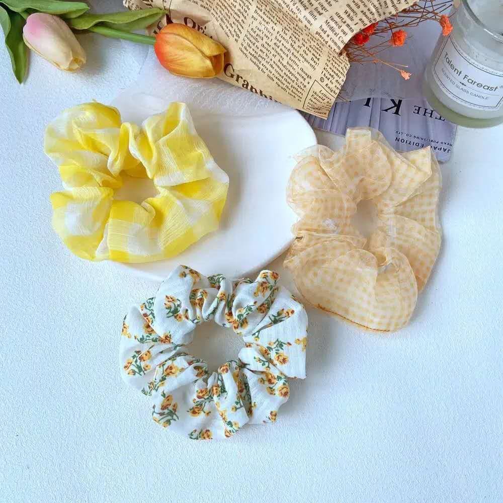 （ 27AN.ID ) COD 3Pcs/Set Ikat Rambut H159 Scrunchies Ponytail Elastis Bhn Sifon Motif BungaDaisy-1