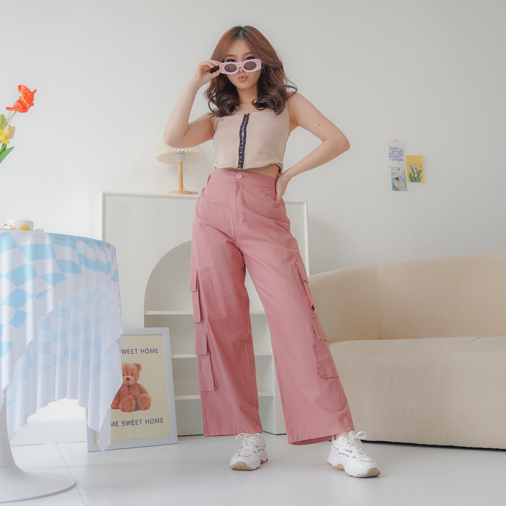 Celana Kargo Pocket Lingka Bawahan Kulot Panjang Wanita