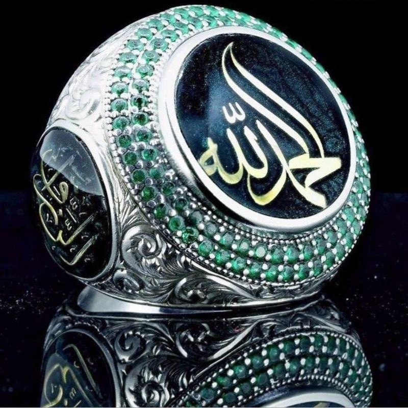 Cincin Batu Emerald Inlay Mewah Untuk Pria Muslim