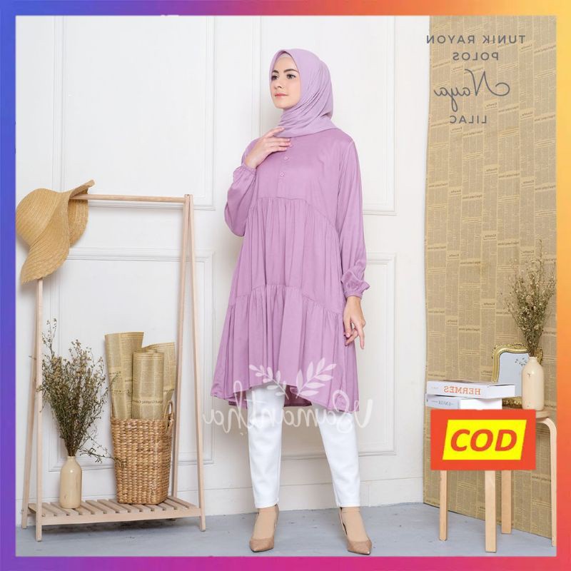 Nanoystore Tunik Muslim Polos Lengan Panjang Motif Rempel Bahan Rayon Premium Warna Lilac