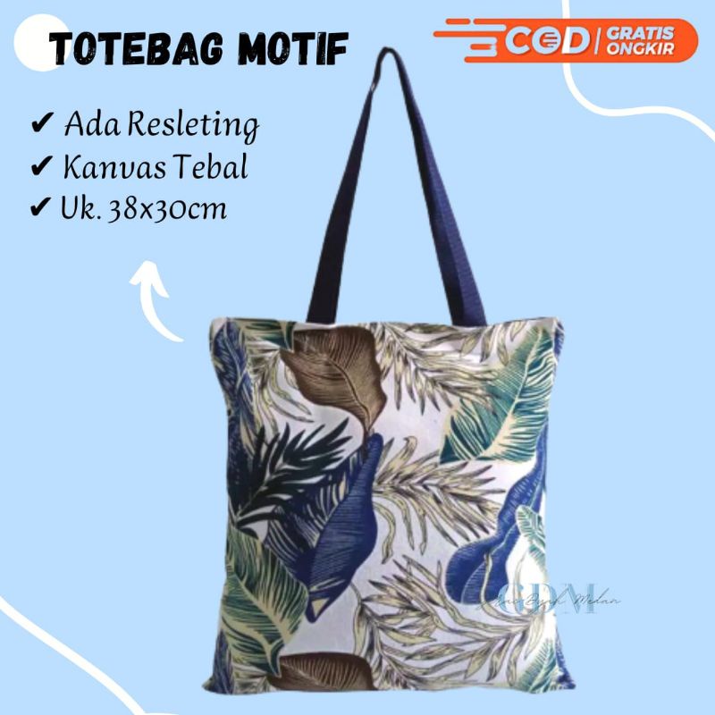 Tas Totebag Tote Bag Kanvas Canvas Resleting Tebal Motif Daun Fashion Wanita Murah Kekinian Terbaru