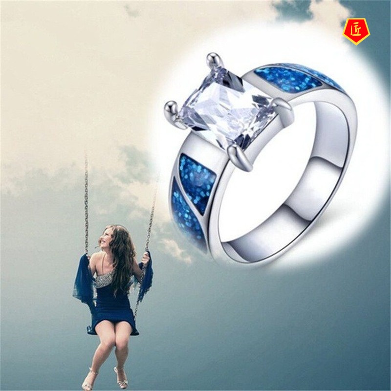 [Ready Stock]Blue Opal Square Diamond Ring