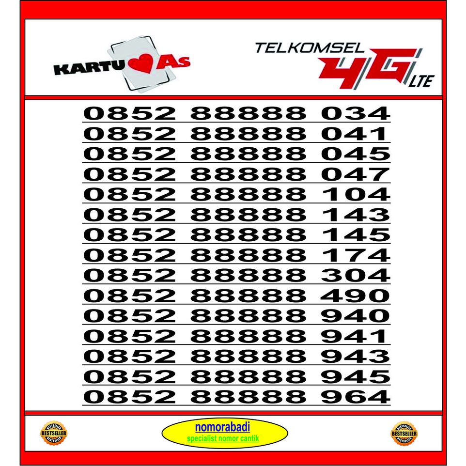 NOMOR CANTIK AS 4G 0852 88888 H600
